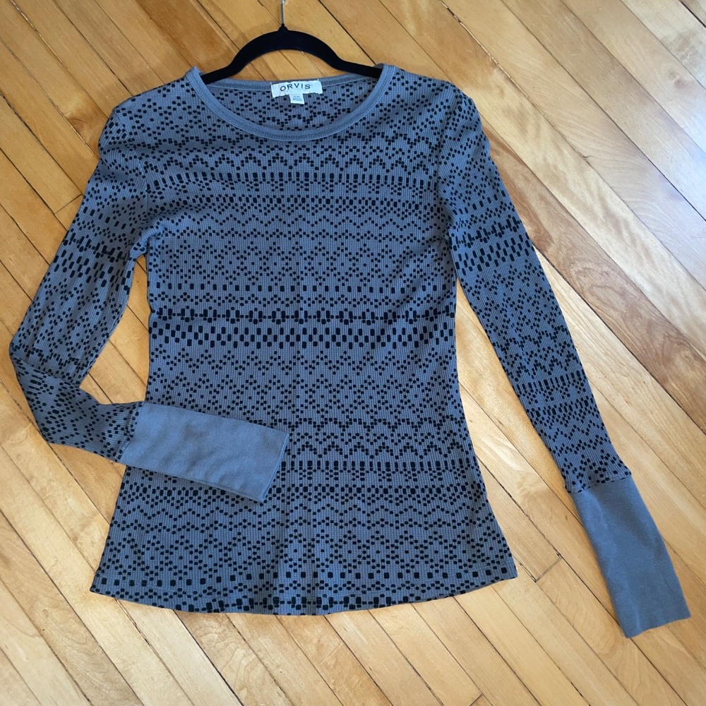 ORVIS Thermal Waffle Long Sleeve Wide Cuff Top Tee Gray Black Fair Isle Print